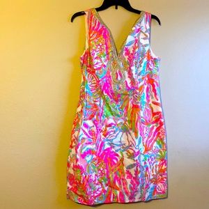 Lilly Pulitzer Janice Scuba To Cuba Print Gold Soutache Shift Dress size 12